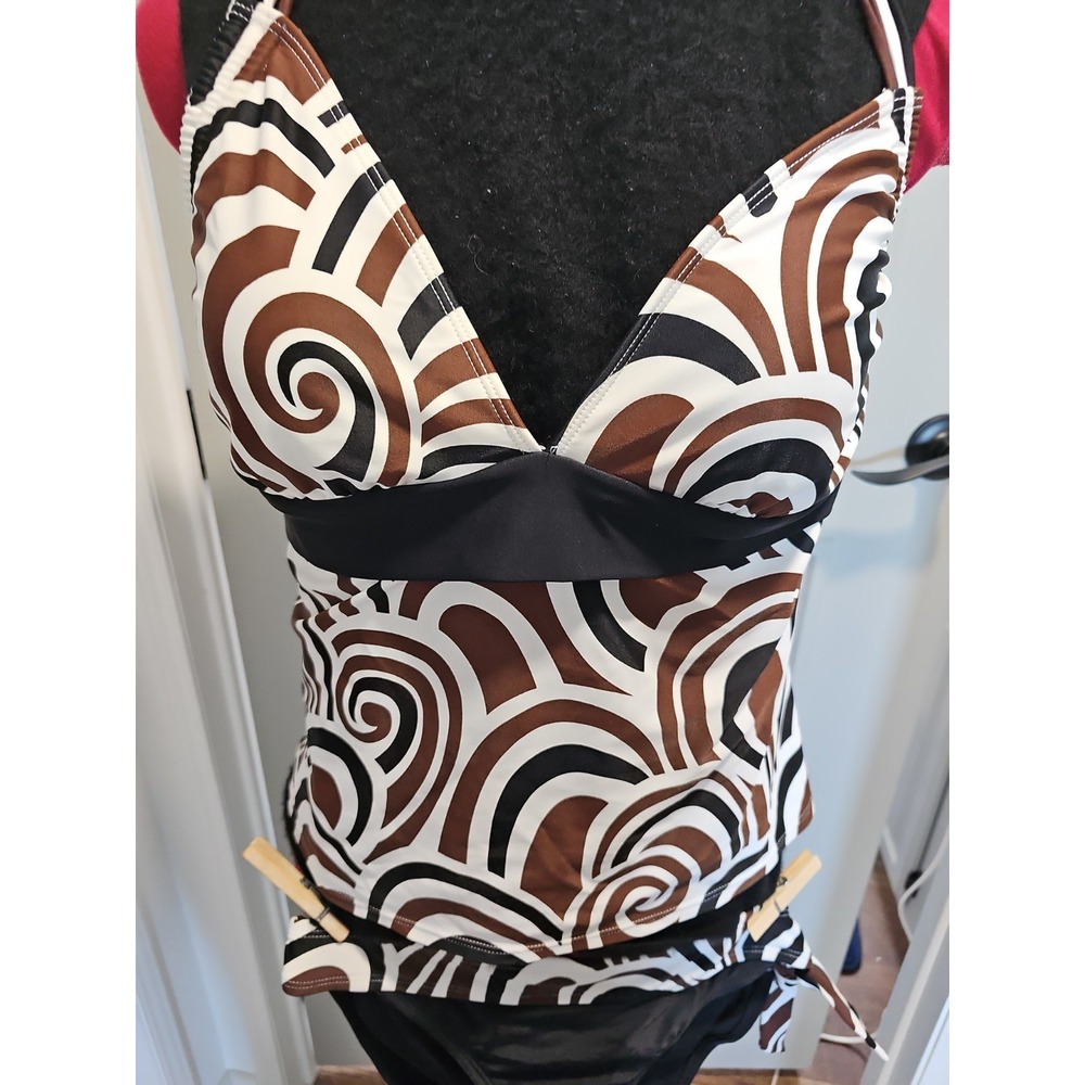 a.n.a Women's Tankini Set Top 16 Bottoms 10 Brown Black Geometric Swimwear